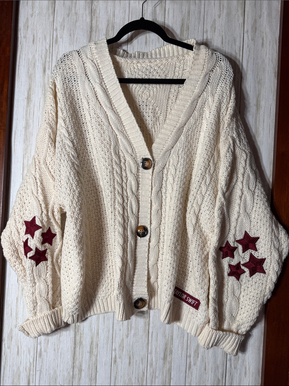 Taylor Swift Cream Cable Knit RED Cardigan with Burgundy Star Patches